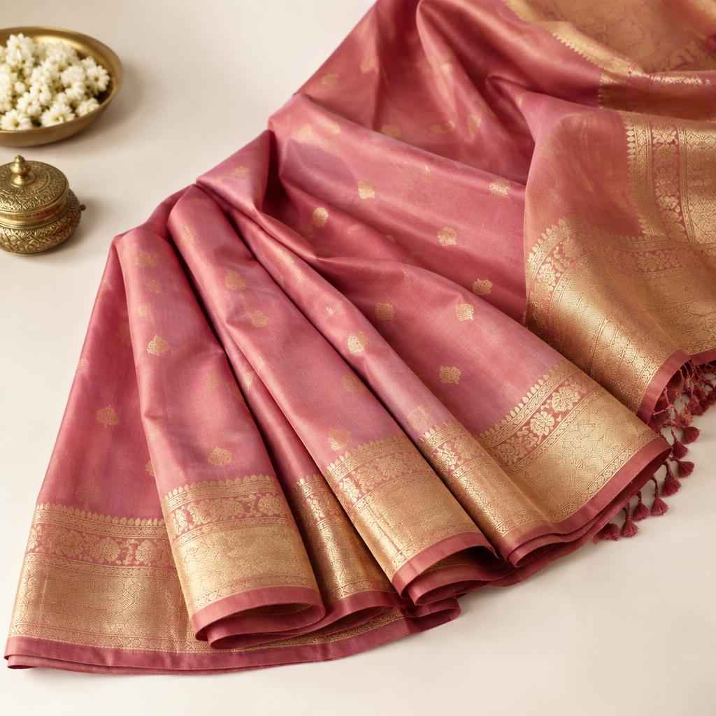 Rose Silk Saree with Zari Border